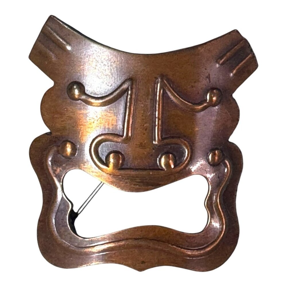 1950 Unsigned Rebajes Modernist Copper Comedy Mask Brooch MCM Drama Face Theatre